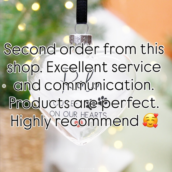 Heart-shaped ornament bauble with text praising excellent service and communication from a shop.