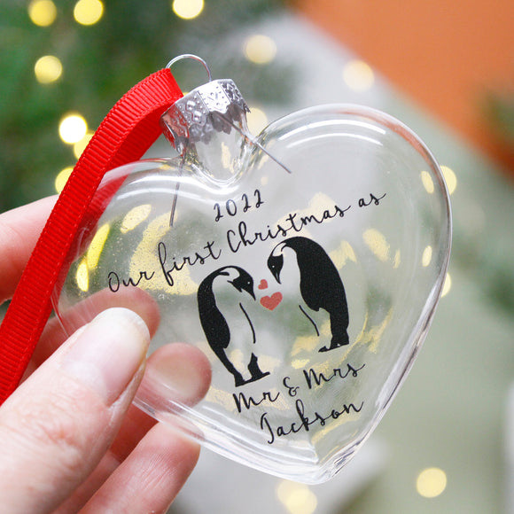Penguin personalised first married Christmas bauble 