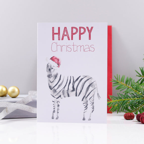 Zebra Santa Hat Christmas Card - Olivia Morgan Ltd