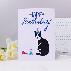 Happy Birthday Cat Party Hat Card - Olivia Morgan Ltd