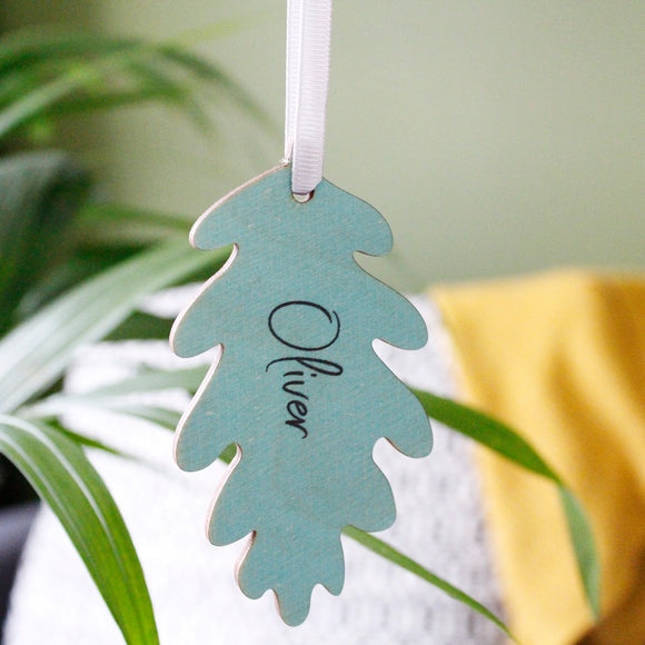 Personalised Oak Leaf  Hanging Wooden Decoration
