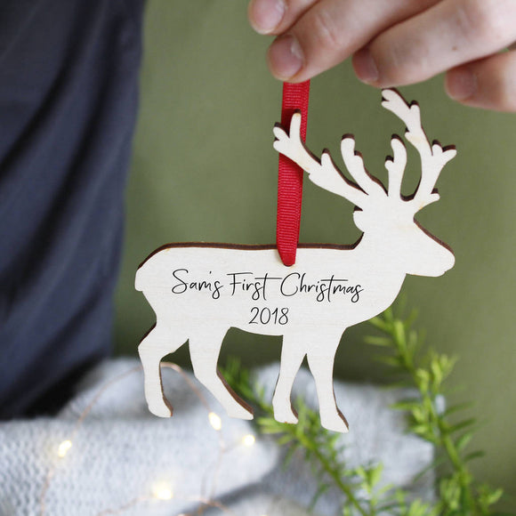 First Christmas Reindeer Wooden Hanging Decoration - Olivia Morgan Ltd