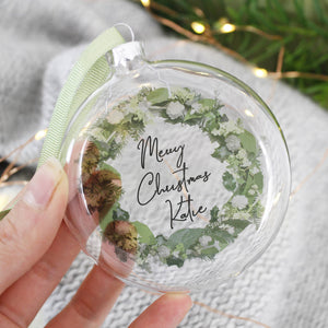 Merry Christmas Personalised Wreath Glass Bauble - Olivia Morgan Ltd