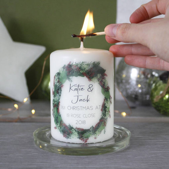 New Home Christmas Personalised Wreath Candle - Olivia Morgan Ltd