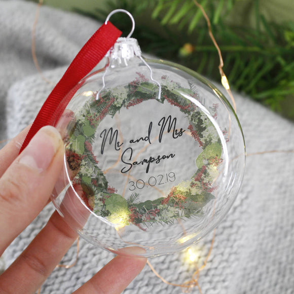Mr and Mrs Personalised Wreath Glass Bauble - Olivia Morgan Ltd